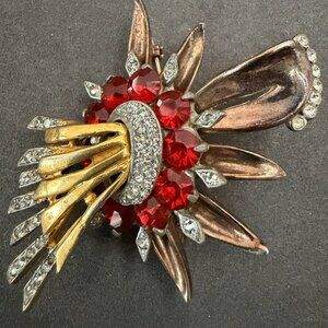 Vintage Unsigned Red Rhinestone Statement Brooch